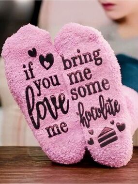 Pink Cupcake Fuzzy If You Love Me Bring Me Chocolate Cozy Anti Slip Socks NWT